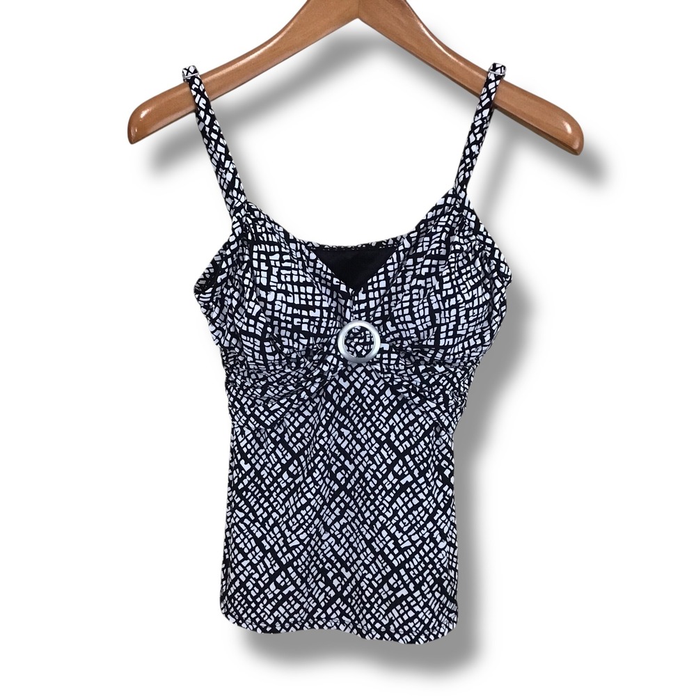 St Johns Bay Womens Tankini Top 12 Black White Geometric O-Ring